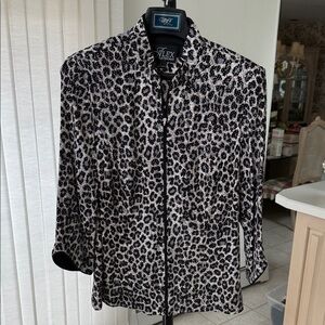 Alex Evenings Black and White Leopard Print Bejeweled Zip Blouse